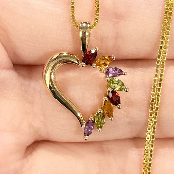 14K Rainbow Gemstone Marquis Garnet Amethyst Peridot Citrine gold heart pendant